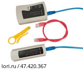Инструмент для обжима интернет-кабеля витой пары на белом фоне. Tool for crimping of internet cable on a white background. Стоковое фото, фотограф Татьяна Д / Фотобанк Лори