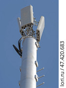 Вышка с антеннами сотовой связи на фоне голубого неба. GSM Antenna against blue sky. Стоковое фото, фотограф Татьяна Д / Фотобанк Лори