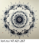 A complex, symmetrical flower mandala, executed in a monochrome color scheme. The central element resembles a flower inflorescence, from which petals diverge in the form of concentric circles. Each petal is detailed with thin lines and gradient shading, creating volume and a sense of depth. The composition combines geometry, organics and meditative rhythm, which makes the image visually mesmerizing. At the bottom is a small red printed mark, hinting at oriental or calligraphic inspiration. Стоковое AI-изображение, AI-художник Анна Кривицкая / Фотобанк Лори
