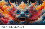 A bright, surreal creature with huge bulging eyes, bared teeth and a multitude of textured patterns reminiscent of spirals and pearls. It is surrounded by clouds of saturated colors: fiery orange, pink, purple and blue. The creature looks like a fantastic mixture of a dragon, a monster and a spirit of space, like the embodiment of a hallucination or a dream. The artistic style is a mixture of surrealism, psychedelic art and digital painting. Стоковое AI-изображение, AI-художник Анна Кривицкая / Фотобанк Лори