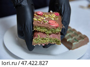 Dubai chocolate. Hand Holds Beautiful Chocolate Pistachio Dessert Delight. Стоковое фото, фотограф Кутина Татьяна / Фотобанк Лори