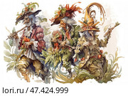 A watercolor illustration in a fairy-tale fantasy style, depicting three colorful old wizards or druids. Each of them is dressed in a unique costume, decorated with leaves, flowers, plants and unusual hats with feathers and greenery. They have long beards, hooked noses and expressive faces. In their hands they hold staffs, flowers or roots. The atmosphere of the image is playful, fantastic and natural, with notes of magic and folk mythology. Стоковое AI-изображение, AI-художник Анна Кривицкая / Фотобанк Лори