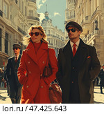 Fashionably dressed man and woman walking down a sunny European street surrounded by majestic classical architecture. The woman in a bright red coat, with glasses and a leather bag, radiates confidence and style. The man in a dark coat, suit and red tie completes the image of an elegant couple. The atmosphere of the scene is reminiscent of films from the 50s-60s or glossy fashion magazines. The street is full of light, movement and sophistication. Стоковое AI-изображение, AI-художник Анна Кривицкая / Фотобанк Лори