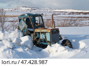 TERIBERKA, RUSSIA - MARCH 12, 2025: Old abandoned Soviet tractor T-40AM on a March day. The Arctic, Murmansk region. Редакционное фото, фотограф Виктор Карасев / Фотобанк Лори