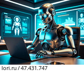 Робот сидит за столом с ноутбуком. Концепция технологий будущего в современном мире. Стоковое AI-изображение, AI-художник Руслан Лесков / Фотобанк Лори