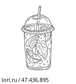 A hand-drawn glass with lemonade, a slice of lemon, mint and ice cubes. A drink with refreshing juice, a cold sports cocktail. Vector illustration in doodle style, for menu design, bars. Стоковая иллюстрация, иллюстратор Ирина Авдеева / Фотобанк Лори