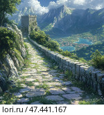 A picturesque scene in the style of digital painting or fantasy illustration. A stone path leads up the mountainside to an ancient watchtower, buried in greenery. On the left is a steep cliff, on the right is a low stone fence and a breathtaking view of the valley with a turquoise lake surrounded by red roofs of houses and high mountain ranges. The sky is decorated with fluffy clouds, creating an atmosphere of calm, inspiration and romance of adventure. The landscape seems both realistic and fabulous. Стоковое AI-изображение, AI-художник Анна Кривицкая / Фотобанк Лори