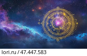 Cosmic circle with golden symbols against a vibrant starry night sky in deep space. Стоковое AI-видео, аниматор Ekaterina Ismagilova / Фотобанк Лори