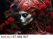 A futuristic and surreal portrait of a cybernetic female figure, reminiscent of a cross between a doll and a biomechanical creature. Her face is smooth, almost porcelain, with large dark eyes and complex decorative patterns reminiscent of mechanical tattoos or circuits. Her head and neck are covered with a complex structure of metallic and organic elements in red and burgundy tones, resembling roots, wires or vessels. Around her are bright scarlet flowers, which creates a contrast between the technogenic entity and living nature. Стоковое AI-изображение, AI-художник Анна Кривицкая / Фотобанк Лори