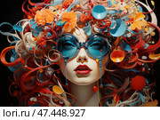 Bright, expressive digital art with an emphasis on female beauty and pop art aesthetics. The central character is a woman with doll-like perfect features, scarlet lips and large blue glasses. Her hair is not just curls, but an explosion of color and shape: red, orange, blue and cream curls, flowers, ribbons, drops and fantastic elements, as if assembled from plastic, glass and paint. This is an image of glamour, eccentricity and creative chaos, ideal for fashion, music and art projects. digital portrait. Стоковое AI-изображение, AI-художник Анна Кривицкая / Фотобанк Лори