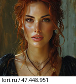 Expressive portrait of a young woman with red hair, gathered in a loose braid with curls released near her face. Her skin glows with a soft light, her makeup is restrained, the emphasis is on natural beauty: expressive lips, piercing gaze of green eyes, soft blush. The girl is dressed in dark clothes in a bohemian or vintage style, on her neck there are several pendants and necklaces, emphasizing the individuality of the image. The background is neutral, textured, does not distract from the face. The atmosphere of the image is warm, intimate, with a touch of artistic drama. Стоковое AI-изображение, AI-художник Анна Кривицкая / Фотобанк Лори
