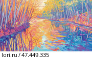 Impressionist spring landscape featuring vibrant colors in a tranquil riverside setting. Стоковое AI-изображение, AI-художник Ксения Лаптева / Фотобанк Лори