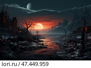 Atmospheric fantasy landscape at sunset or sunrise. A huge moon hangs low on the horizon, bathing the gloomy valley in a crimson-orange light. Above it, a second, pale blue moon is visible in the sky, surrounded by clouds. The whole scene is permeated with an ominous, post-apocalyptic silence. In the foreground is a swampy riverbed, dead trees, the ruins of boats and wooden buildings. On either side are ruined villages and steep mountain slopes covered in snowy frost. The atmosphere is gothic, ominous and cinematic, like a scene from a dark fantasy. Стоковое AI-изображение, AI-художник Анна Кривицкая / Фотобанк Лори