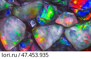 Vibrant opal stones showcasing colorful textures and reflections in natural light. Стоковое AI-изображение, AI-художник Ксения Лаптева / Фотобанк Лори