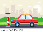 Inflate the wheel of the car with a pump on the track. Стоковая иллюстрация, иллюстратор Вячеслав Беспутин / Фотобанк Лори