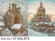A fairytale winter scene with two majestic buildings in the Russian architectural style. On the left is a temple with many domes covered in patterns and snow, made in an exquisite Palekh or fantasy style. On the right is an even larger structure with stairs, arches and richly decorated facades, also topped with multi-colored onion domes. Everything around is covered in snow: trees, roofs, the ground. The palette is soft, with a predominance of warm ochre-red shades and cold snow-blue tones, creating the atmosphere of a magical Russian winter. Стоковое AI-изображение, AI-художник Анна Кривицкая / Фотобанк Лори