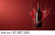 Splashing red wine bottle against a vibrant red background. Бутылка красного вина с брызгами на ярком красном фоне. Стоковое AI-изображение, AI-художник Katsiaryna Repich / Фотобанк Лори
