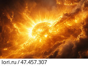 A powerful cosmic scene with a gigantic explosion or flare on the surface of a Sun-like star. Enormous flames, solar flares, and plasma flares radiate blinding light, filling space with fiery streams. Dark clouds of interstellar dust are visible at the edges, contrasting with the bright center. The picture visualizes the incredible energy and scale of a cosmic event, possibly a solar flare or the beginning of a supernova. Стоковое AI-изображение, AI-художник Анна Кривицкая / Фотобанк Лори