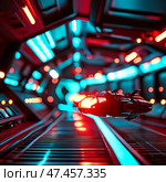 Futuristic spaceships glide smoothly along illuminated tracks within a high-tech corridor, surrounded by glowing lights that pulse in hues of blue and red, hinting at adventure beyond Generative AI. Стоковое AI-изображение, AI-художник Юлия Петровская / Фотобанк Лори