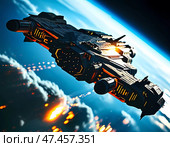 In the depths of space, sleek spaceships navigate amidst colorful cosmic clouds and distant galaxies, illuminating the dark expanse with glowing trails and engines Generative AI. Стоковое AI-изображение, AI-художник Юлия Петровская / Фотобанк Лори