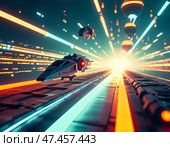 In a mesmerizing display of technology, sleek spaceships glide through luminous trails of light, navigating the vibrant expanse of the cosmos during an otherworldly adventure Generative AI. Стоковое AI-изображение, AI-художник Юлия Петровская / Фотобанк Лори