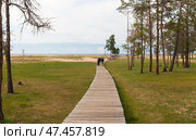BAIKAL LAKE, OLKHON ISLAND, KHUZHIR VILLAGE, IRKUTSK REGION, RUSSIA - August 03, 2024: Tourists go for walk on ecological wooden trail to popular sandy beach of Sarayskiy Bay on summer day. Редакционное фото, фотограф Виктория Катьянова / Фотобанк Лори