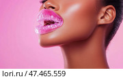 Dental Alignment: Close-Up of Female Mouth with Clear Retainer on Pink, Orthodontic Treatment for a Perfect Smile. Стоковое AI-изображение, AI-художник Данила Большаков / Фотобанк Лори