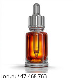 Essential oil dropper bottle with amber liquid on white background. Бутылочка с пипеткой для эфирного масла с янтарной жидкостью на белом фоне. Стоковое AI-изображение, AI-художник Katsiaryna Repich / Фотобанк Лори