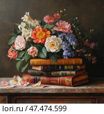 Still life in a classical painting style. On a marble surface lies a stack of old books in leather bindings with gold embossing, and on top is a lush bouquet of flowers. Among the flowers are roses, dahlias, cosmos, hydrangeas, lilies and peonies, executed with rich detail. The flower petals are partially scattered on the table, creating an effect of slight carelessness and naturalness. The background is dark and neutral, which emphasizes the bright colors of the flowers and the texture of the books. The composition radiates coziness, sophistication and the atmosphere of old European painting. Стоковое AI-изображение, AI-художник Анна Кривицкая / Фотобанк Лори