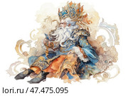 A majestic old man in the image of a fairy-tale king. He sits, dressed in rich, patterned clothes with a predominance of blue, gold and orange tones. His long white beard flows down his chest, and on his head rises a massive crown, decorated with jewels and intricate carvings. In his hand he holds a scepter or staff with a blue crystal. Around him are ornate ornaments and decorative curls in the Baroque or fantasy style. The work is done in watercolor technique with high attention to detail. Стоковое AI-изображение, AI-художник Анна Кривицкая / Фотобанк Лори