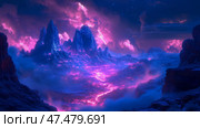Sci-Fi Landscape: An Unexplored World with Jagged Mountains, Glowing Rivers and Nebula Skies for a Fantasy Adventure. Стоковое AI-изображение, AI-художник Данила Большаков / Фотобанк Лори