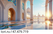 Concept: Grand Architecture, Design for Print: Serene Muslim Landmark with Intricate Arches, Ornate Stained Glass, and Sunlit Dome. Стоковое AI-изображение, AI-художник Данила Большаков / Фотобанк Лори
