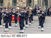 STOCKHOLM, SWEDEN - APRIL 30, 2018: A military band performs during the celebration of the 72nd birthday of King Carl XVI Gustaf at the Royal Palace in Stockholm. Редакционное фото, фотограф Сергей Комаров / Фотобанк Лори