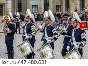 STOCKHOLM, SWEDEN - APRIL 30, 2018: Military musicians from the Royal Swedish Army Orchestra perform at the ceremony to celebrate the 72nd birthday of King Carl XVI Gustaf at the Royal Palace in Stockholm. Редакционное фото, фотограф Сергей Комаров / Фотобанк Лори