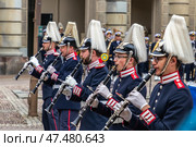 STOCKHOLM, SWEDEN - APRIL 30, 2018: Military clarinettists from the Royal Swedish Army Band at the 72nd birthday celebration of King Carl XVI Gustaf at the Royal Palace in Stockholm. Редакционное фото, фотограф Сергей Комаров / Фотобанк Лори