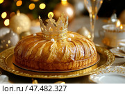 Galette des rois or king cake. Traditional cake baked at Epiphany, celebration of the Twelfth Night after Christmas. Almond flaky pastry cake. Freshly baked homemade three king bread with a crown. Стоковое AI-изображение, AI-художник Марина Демидюк / Фотобанк Лори
