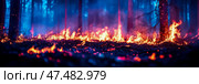 Ablaze woodland: Fire disaster sweeps across a nocturnal forest floor, engulfing trees in a spectral blue glow and orange inferno, creating an apocalyptic scene. Стоковое AI-изображение, AI-художник Данила Большаков / Фотобанк Лори