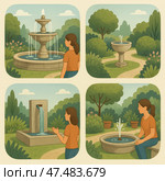 Enjoying Tranquility at a Garden Fountain With Beautiful Water Features in a Serene Park Setting. Стоковое AI-изображение, AI-художник Юлия Гапеенко / Фотобанк Лори