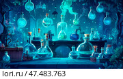 Mystical Alchemist's Lab: A luminous scene with bubbling potions, glass flasks and magical fumes in the deep enchanted forest, fantasy laboratory. Стоковое AI-изображение, AI-художник Данила Большаков / Фотобанк Лори