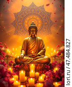 Buddha Statue Surrounded By Candles And Vibrant Flowers On Gold Background. Стоковое AI-изображение, AI-художник Iva Noel / Фотобанк Лори