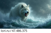 Majestic White Wolf Emerges From Tumultuous Ocean Waves Under a Stormy Sky, Exuding Power and Beauty at Twilight. Стоковое AI-изображение, AI-художник Sergey Grishin / Фотобанк Лори