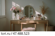 Decorative vanity table with skincare products and floral arrangement. Декоративный туалетный столик со средствами по уходу за кожей и цветочной композицией. Стоковое AI-изображение, AI-художник Katsiaryna Repich / Фотобанк Лори