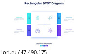 Square SWOT chart divided into 4 parts. Concept of threats, weaknesses, strengths, opportunities of company. Corporate infographic design template. Flat vector illustration for business planning. Стоковая иллюстрация, иллюстратор Андрей Красовицкий / Фотобанк Лори