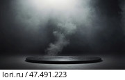 Minimalist multitiered circular platform with spotlight and smoky background. Стоковое AI-изображение, AI-художник Андрей Бакусов / Фотобанк Лори