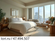 Modern hotel room with large windows and elegant decor in urban location. Современный гостиничный номер с большими окнами и элегантным декором в городском районе. Стоковое AI-изображение, AI-художник Katsiaryna Repich / Фотобанк Лори