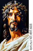 The figure of Jesus Christ captivates with his profound gaze, adorned with a crown of thorns against a dark background, embodying strength and compassion Generative AI. Стоковое AI-изображение, AI-художник Юлия Петровская / Фотобанк Лори