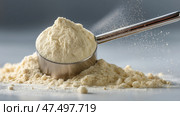 Measuring scoop filled with collagen supplement powder on smooth surface indoors. Мерная ложечка, наполненная порошком коллагеновой добавки, на гладкой поверхности в помещении. Стоковое AI-изображение, AI-художник Katsiaryna Repich / Фотобанк Лори