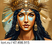 The goddess Aphrodite appears majestic with flowing hair and elaborate jewelry, set against a backdrop of radiant gold, embodying love and beauty amidst divine splendor Generative AI. Стоковое AI-изображение, AI-художник Юлия Петровская / Фотобанк Лори