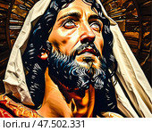 In a powerful display of faith, a figure resembling Jesus Christ gazes upward with intense emotion, surrounded by ethereal light and spiritual symbolism Generative AI. Стоковое AI-изображение, AI-художник Юлия Петровская / Фотобанк Лори