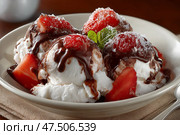 Enjoying a delicious bowl of chocolate, vanilla, and strawberry ice cream. Боул с шоколадным, ванильным и клубничным мороженым. Стоковое AI-изображение, AI-художник Katsiaryna Repich / Фотобанк Лори
